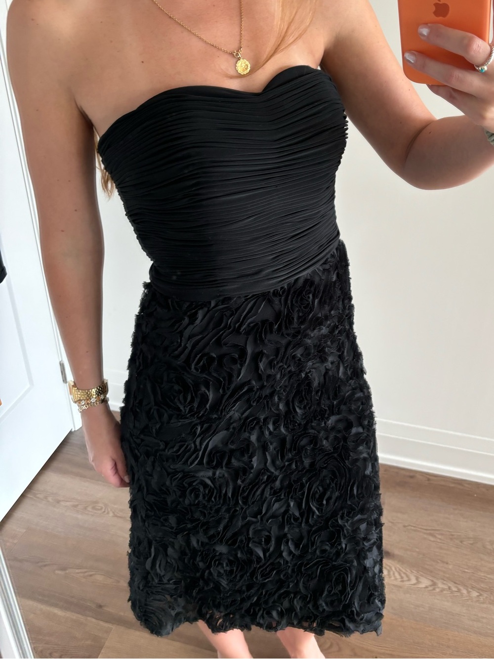 Strapless Black Rosette Sweetheart Midi Dress